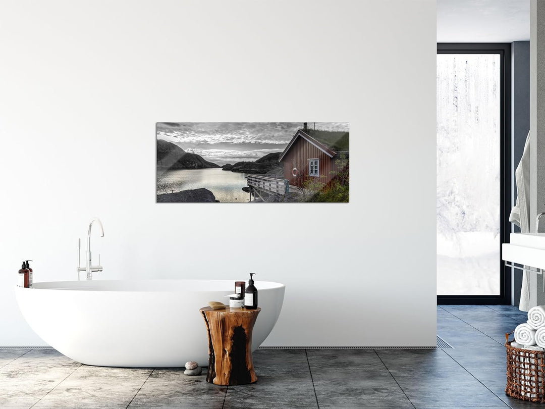 Glasbild Panorama | Wandbild aus Echtglas | Sonnenaufgang am Fjord Norwegens | 100x40 cm | inkl. Auf