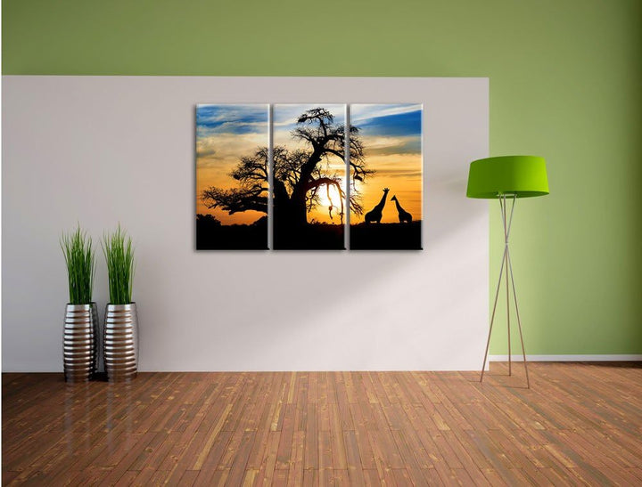 Pixxprint Zwei Giraffen in der Wüste / 3-Teilig/Gesamtmass 120cm Leinwandbild bespannt auf Holzrahme