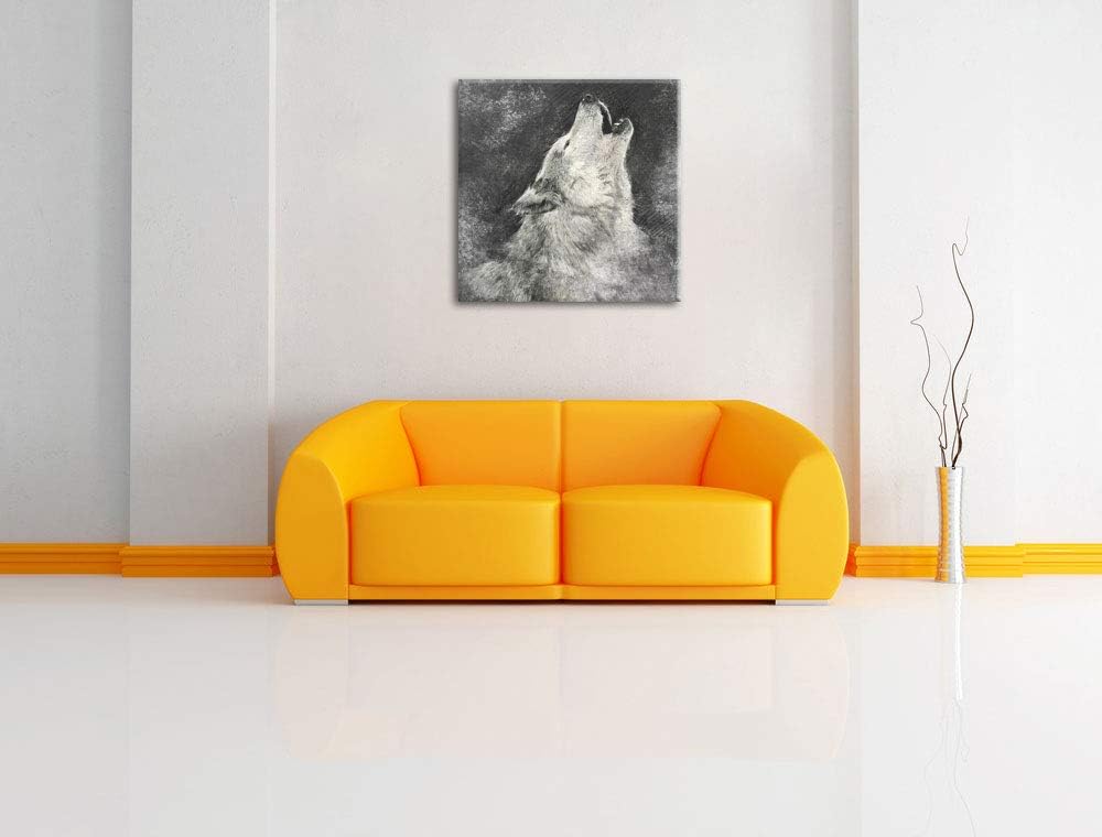 Heulender Wolf Kunst, Format: 70x70 auf Leinwand, XXL riesige Bilder fertig gerahmt mit Keilrahmen,