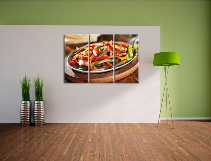Fleischpfanne mit Paprika als 3-Teiler Leinwandbild 120x80 Bild auf Leinwand, XXL riesige Bilder fer