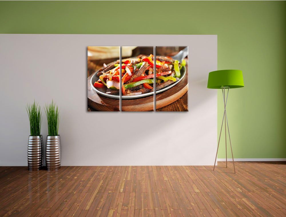 Fleischpfanne mit Paprika als 3-Teiler Leinwandbild 120x80 Bild auf Leinwand, XXL riesige Bilder fer