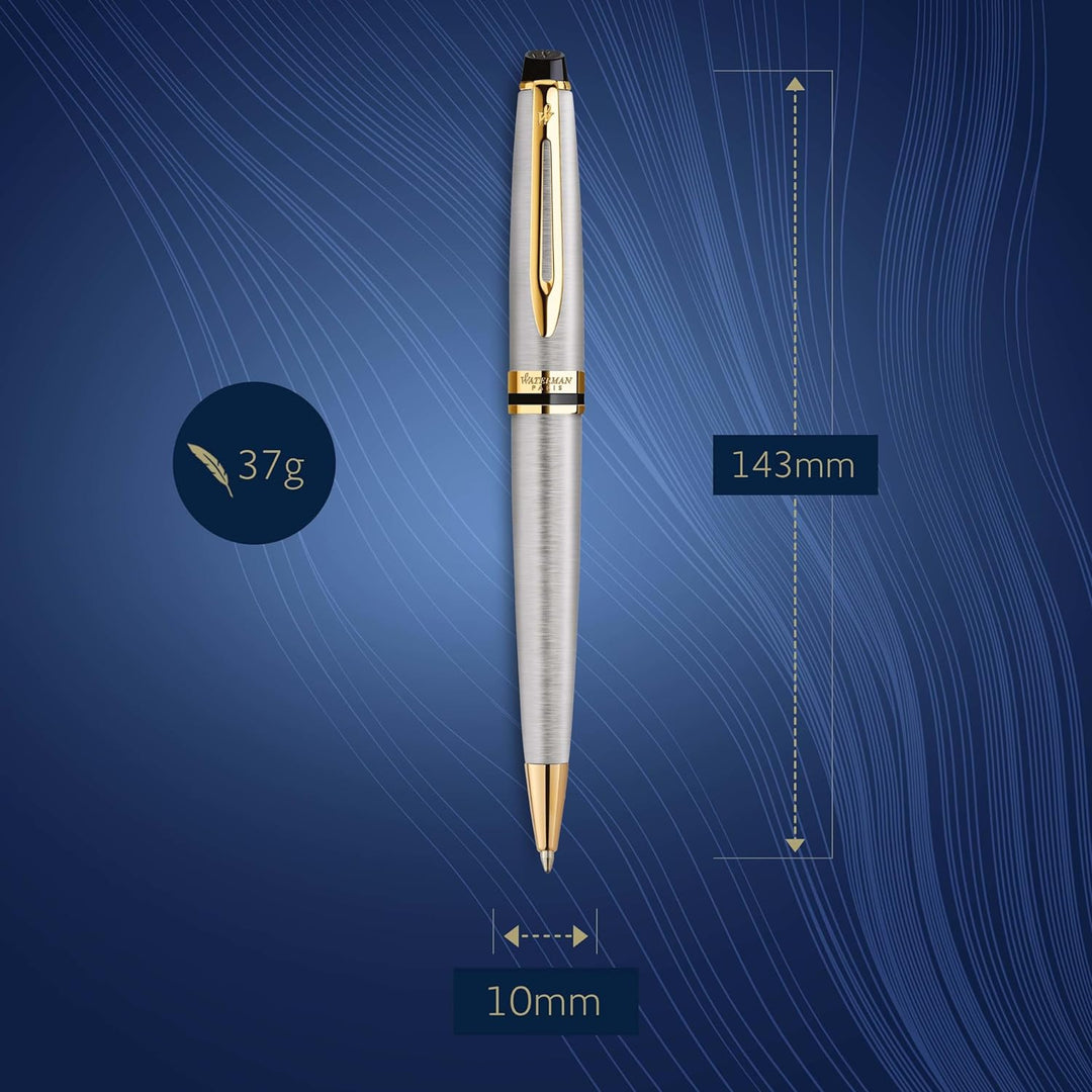 Waterman Expert Kugelschreiber | Edelstahl mit Zierteile aus 23 K Gold | Mittlere Spitze | Blaue Tin
