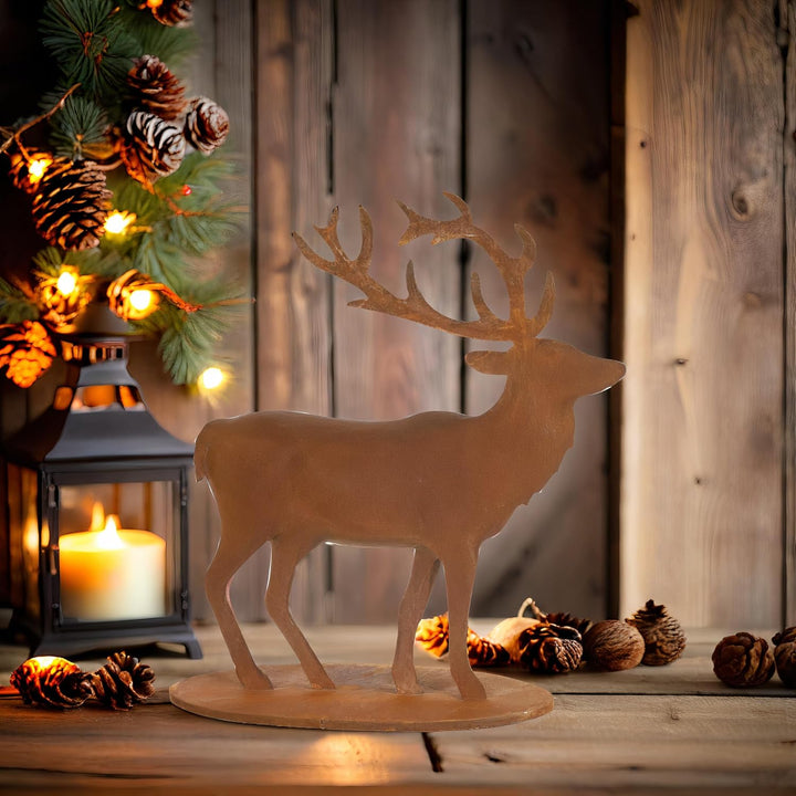 ecosoul Gartendekoration Hirsch stehend mit Platte Metall Rost Deko zum Hinstellen Advent Weihnachte