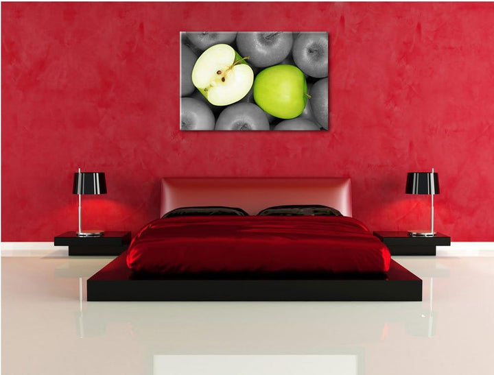 saftige grüne Äpfel schwarz/weiss Format: 100x70 auf Leinwand, XXL riesige Bilder fertig gerahmt mit