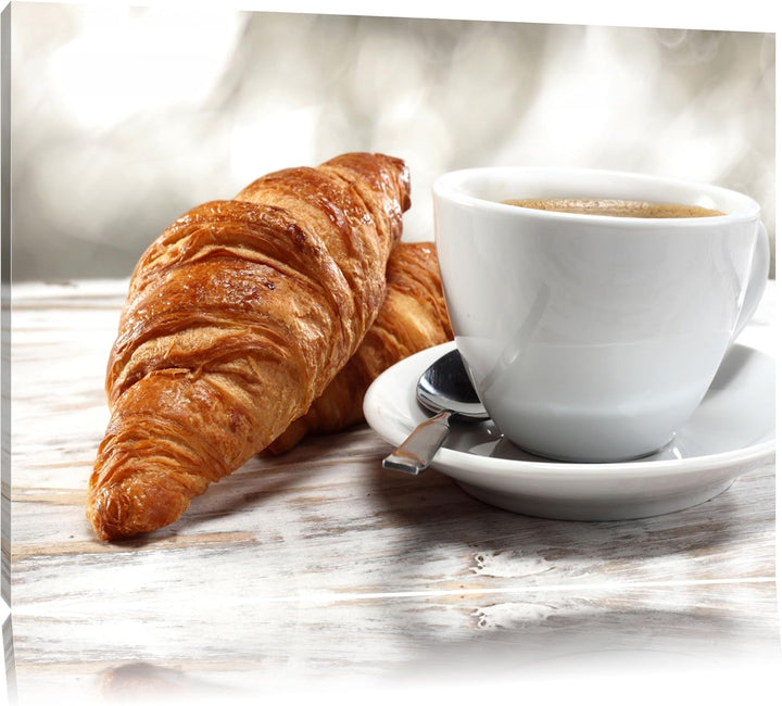 Frisches Croissant und Kaffee Format: 100x70 auf Leinwand, XXL riesige Bilder fertig gerahmt mit Kei