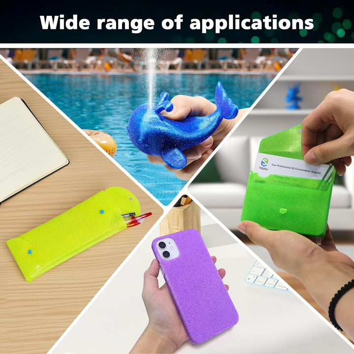 YOUSU TPU-Filament 1,75 mm, transparentes Galaxy-TPU (Gelb, Grün, Blau, Lila) A2-Galaxie Glitzer TPU