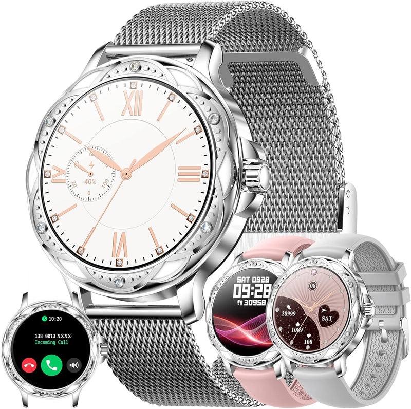 Smartwatch Damen mit Telefonfunktion, 1,2 Fitnessuhr Diamond Uhren Fitness Tracker 123 Sportmodi Akt
