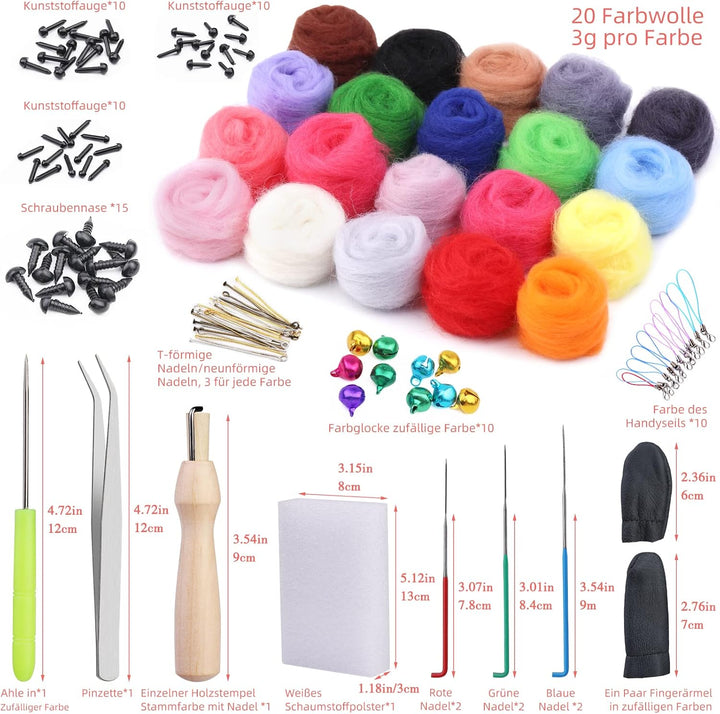 KAMAIKA Nadelfilz-Set, 20 Farben Filzwolle Set mit Filzwolle Werkzeug, Nadelfilz Starter Kit mit Fil
