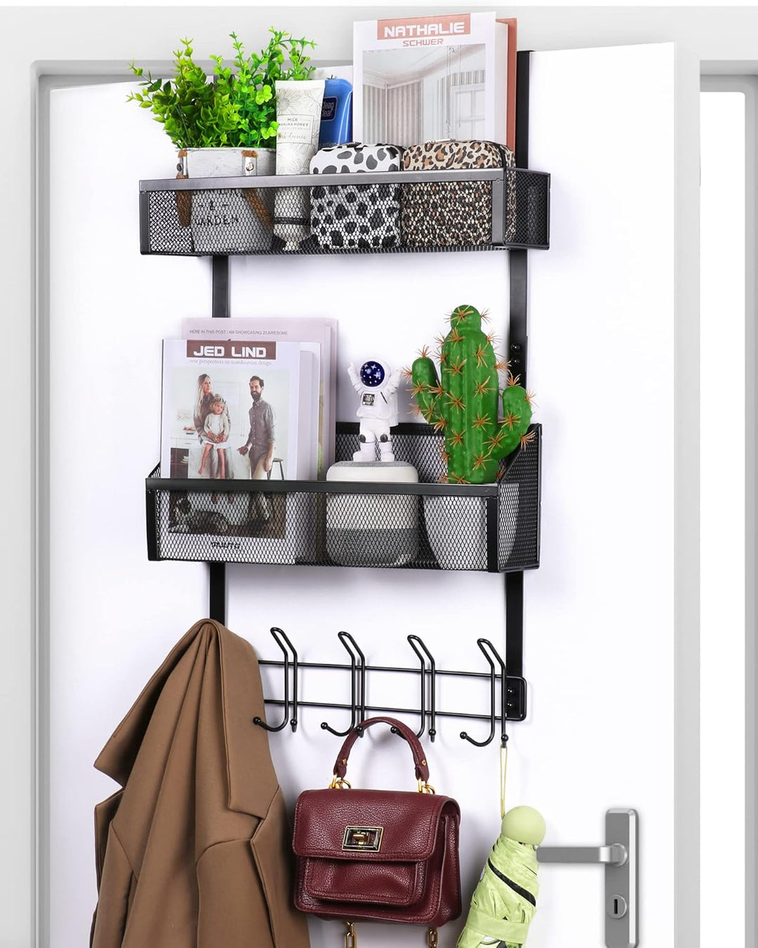 ENONCI Türhaken Zum Einhängen 15 Kleiderbügel Hakens mit 2 Mesh Korb über Tür Lagerung Rack, Kleider