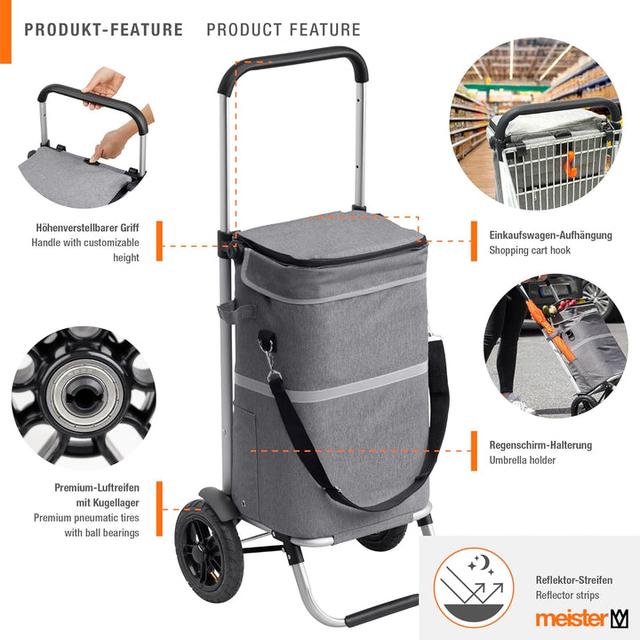 Meister Einkaufstrolley Premium Grau, 45 L – Klappbarer Einkaufsroller mit Luftreifen, Kühltasche &