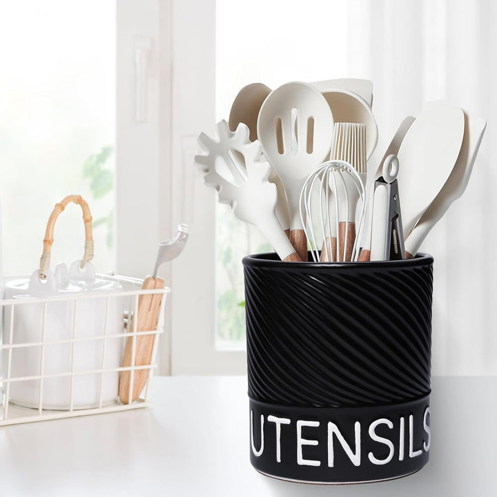Karisky Utensilhalter für Küchentheke, 6,5 "grosser Keramikutensilien -Crock mit Korkmatte, moderner