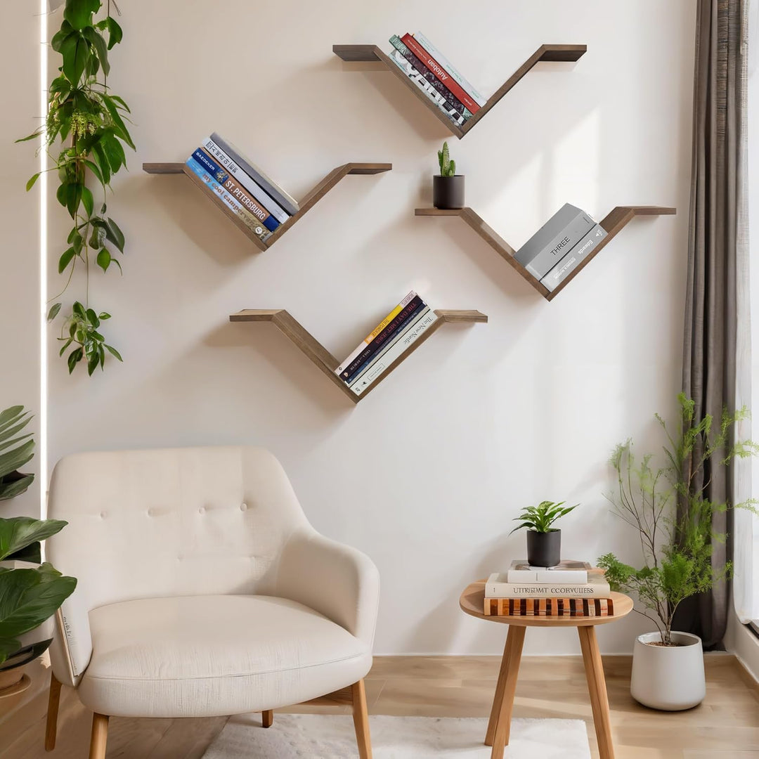 Mazjoaru Bücherregal Wandregal Holz 2er Set Wildgans-förmiges Design Schweberegale Modern V-Form Wan
