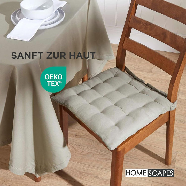 Homescapes 6er Set Stuhlkissen 40 x 40 cm, grau, Sitzkissen mit Bändern und Knopfverschluss, einfarb