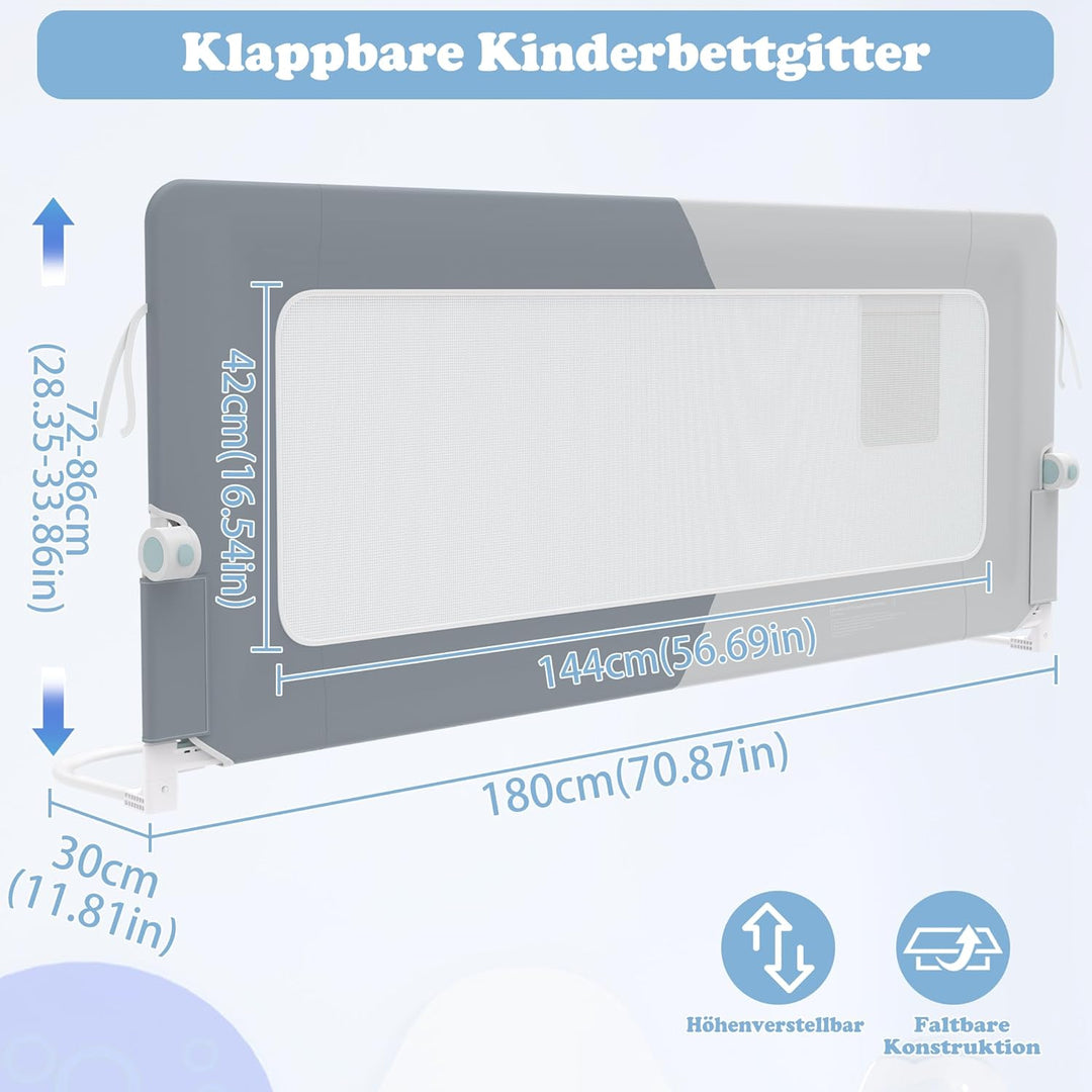 Bettgitter 180cm Bettschutzgitter Klappbar für Kleinkinder, Rausfallschutz Höhenverstellbar für Kind