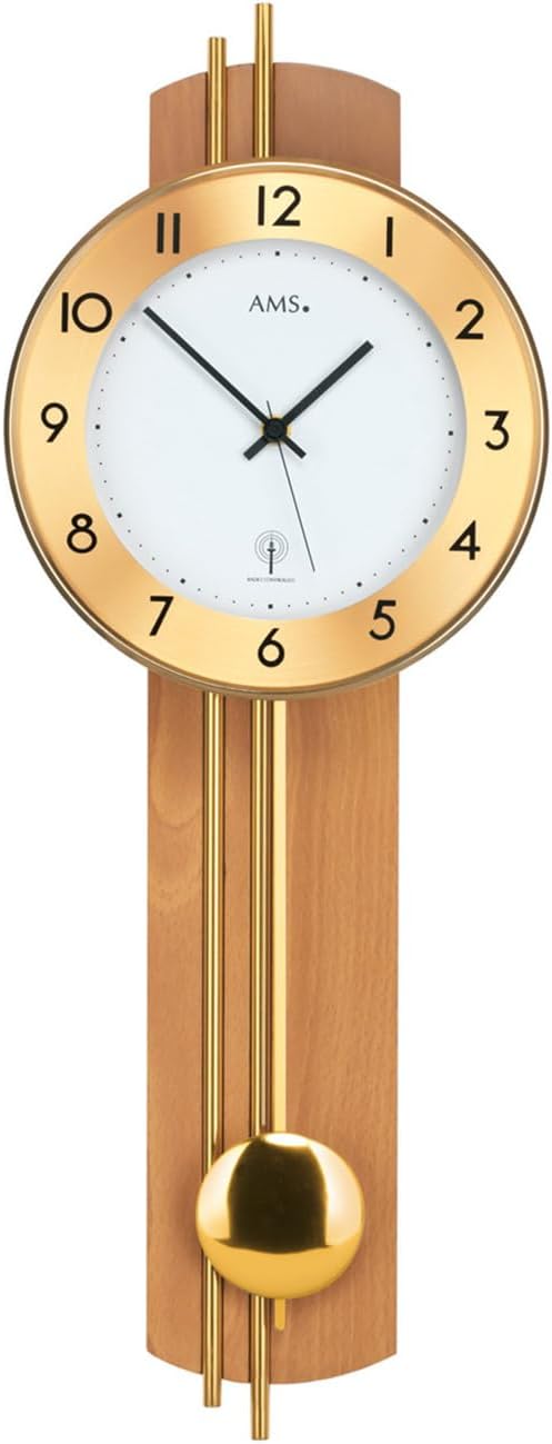 AMS. Pendeluhr 5266-18, Funk, aus Buchenholz, mit Messingstäben, weissem Zifferblatt, goldenem Ziffe