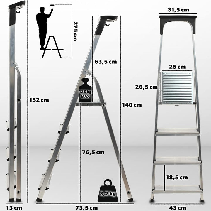 KADAX Aluminiumleiter, Stehleiter bis zu 125 kg, Stufenleiter, Klapptritt für Senioren, Alu-Sicherhe