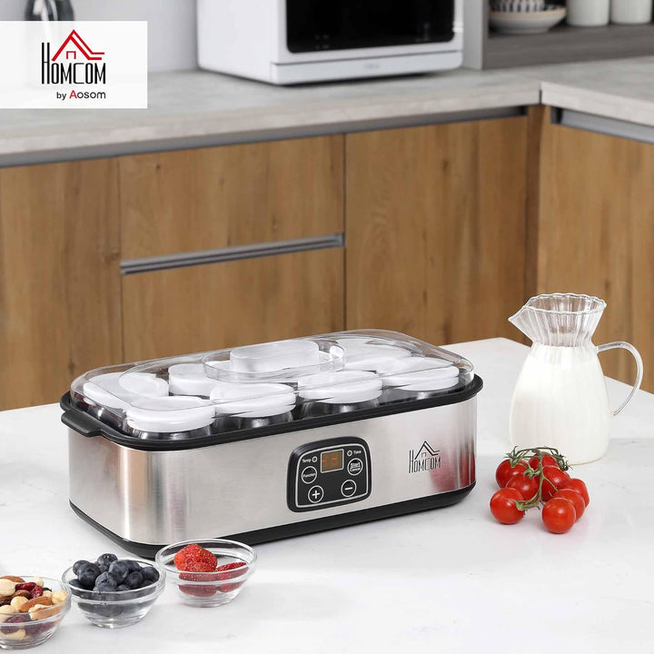 HOMCOM Joghurtbereiter 25W Joghurtmaschine mit LCD-Display 8 Joghurtgläser mit Deckel aus Glas 180ml