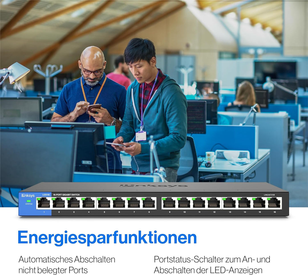 Linksys LGS116-EU 16-Port Unmanaged Gigabit-Netzwerk-Switch – Ethernet-Switch/Hub mit Metallgehäuse,