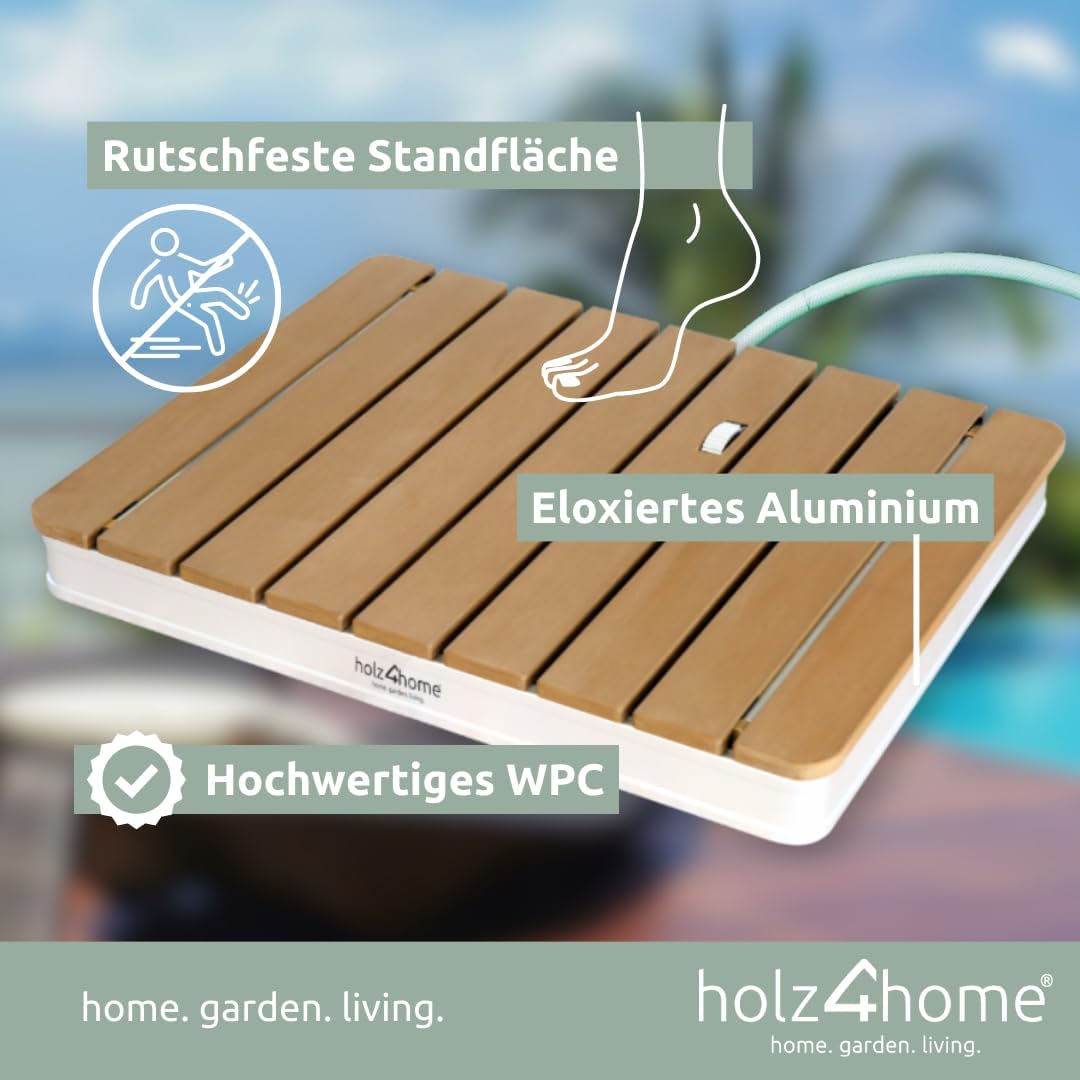 holz4home® Bodendusche als Gartendusche oder Pooldusche I Eckig aus WPC und Aluminium I Höhenverstel