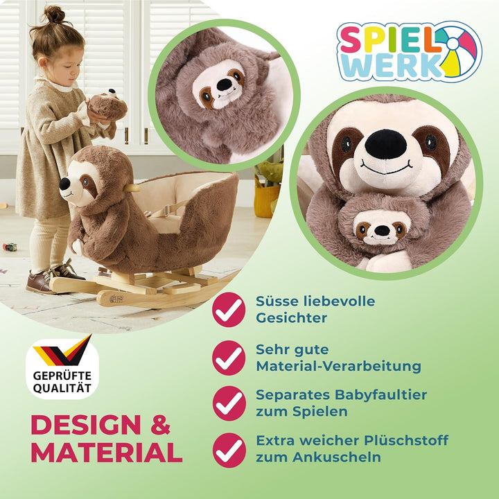 Spielwerk® Schaukeltier Faultier mit Babyfaultier inkl. Sound Effekt Sicherheitsgurt Plüsch Schaukel