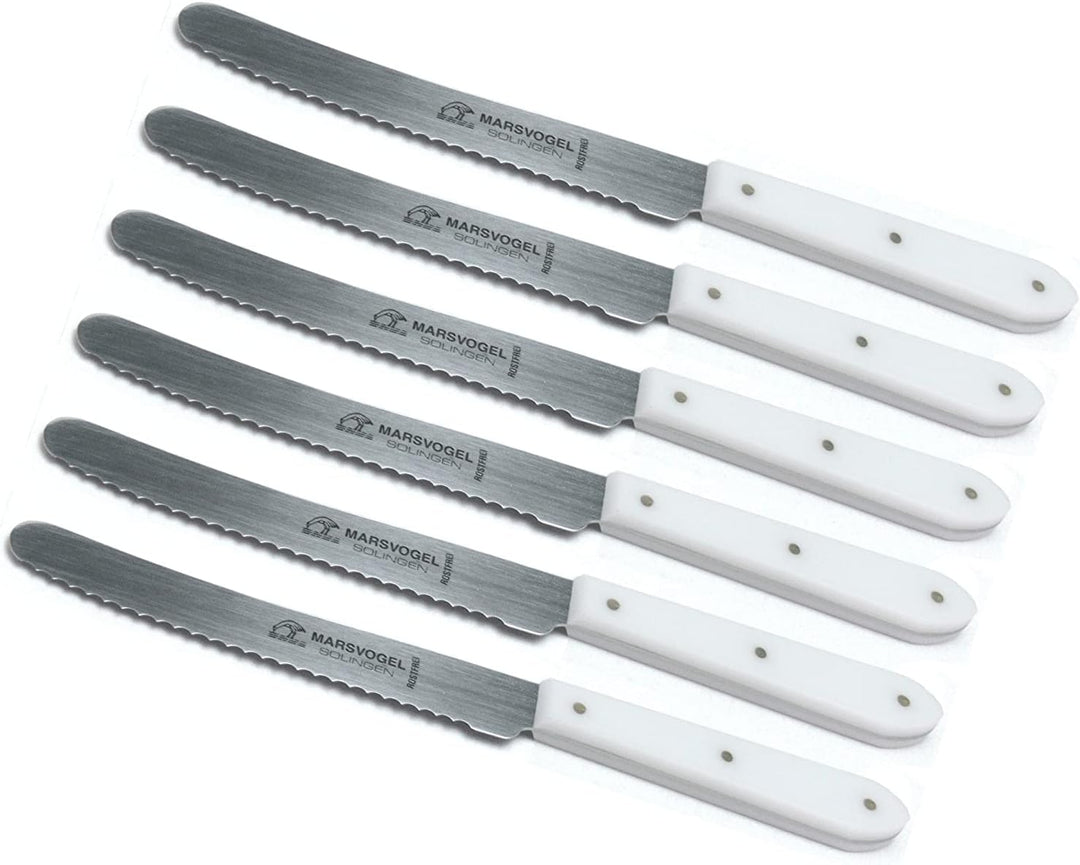 Marsvogel - 6 Stück Tafelmesser mit Wellenschliff - POM spitz Weiss - Made in Solingen 6er Pack Tafe