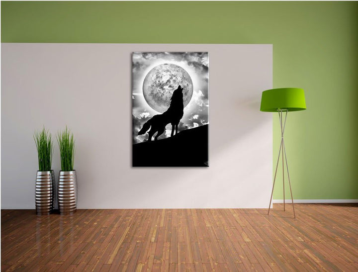 Pixxprint Wolf heult Mond an als Leinwandbild/Grösse: 100x70 cm/Wandbild/Kunstdruck/fertig bespannt,