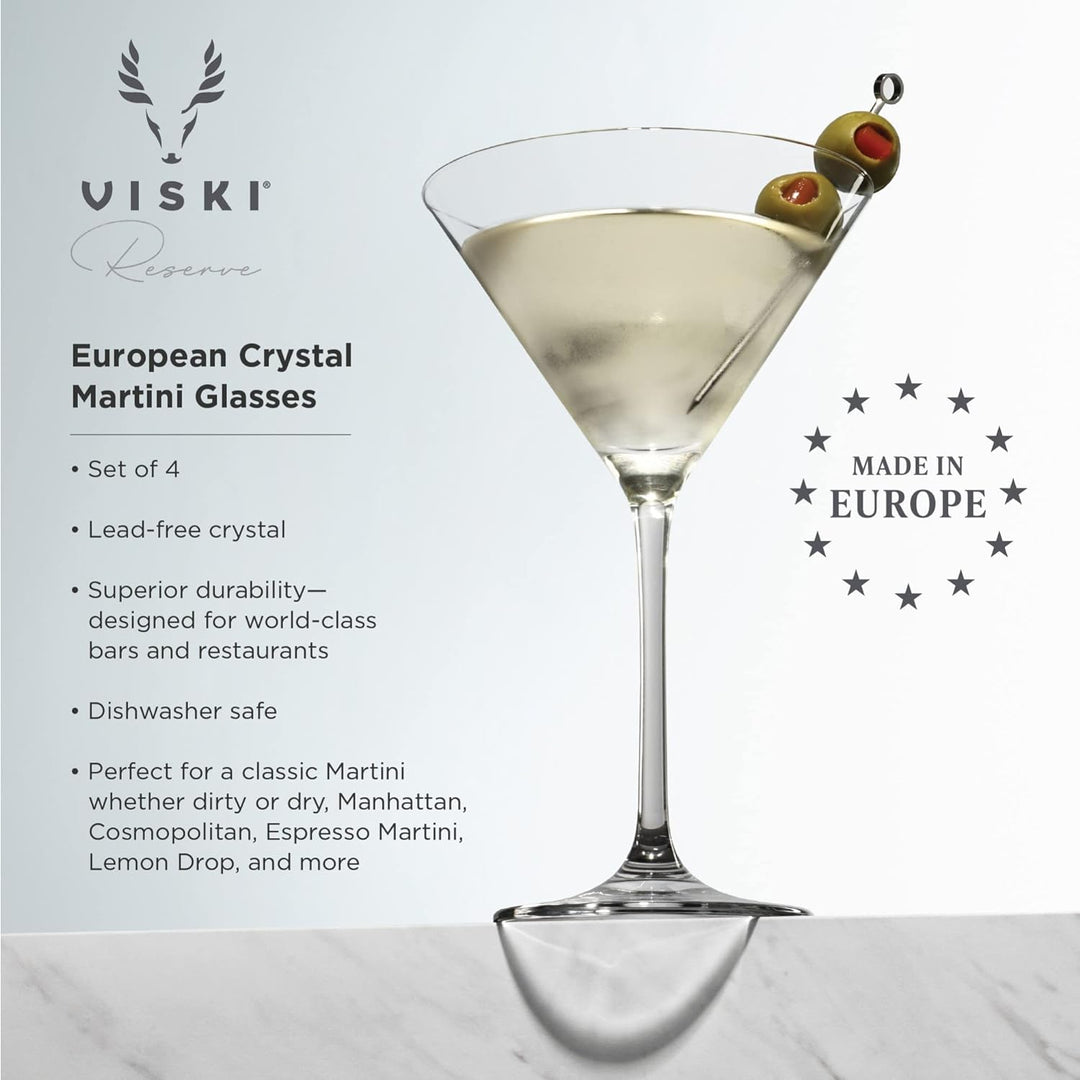 Viski Reserve European Crystal Martini-Gläser, 4 Cocktailgläser mit Stiel aus bleifreiem Kristallgla
