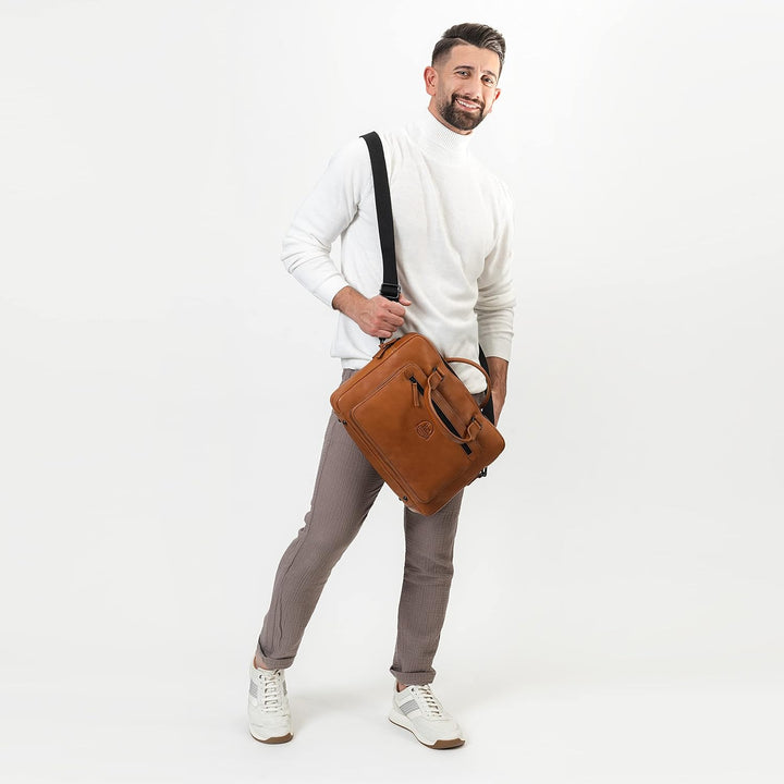 Farmhood Memphis Damen/Herren Leder Aktentasche | Umhängetasche mit Laptopfach und Handyfach | 38,5