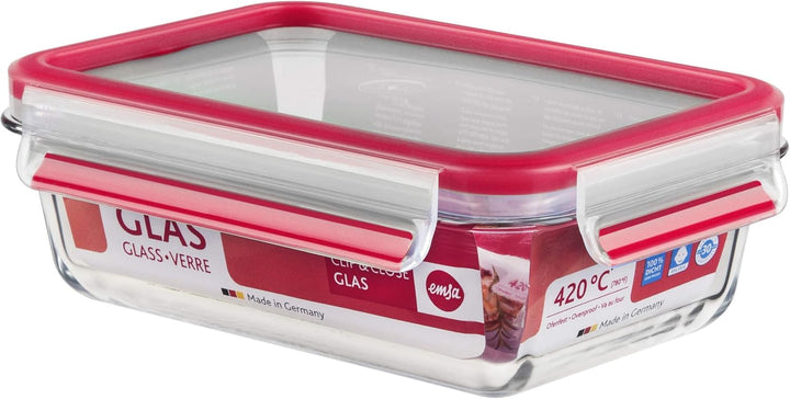 Emsa 516244 Clip & Close Glas Frischhaltedose | 0,7 L | Rechteckig | 100% Dicht | Geeigent für Backo