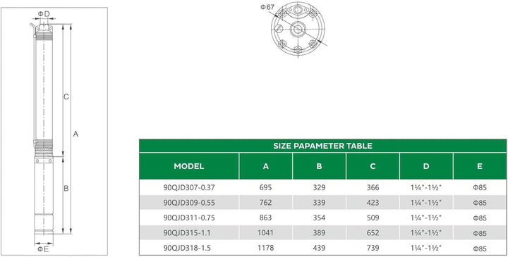 Robuste Tiefbrunnenpumpe 90QJD318 3,5 Zoll Sandverträglich