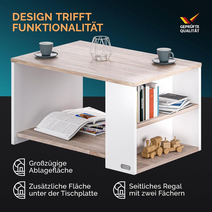 Casaria® Couchtisch mit Ablage 2 Fächer Stauraum 90x59x48cm Kratzfest Holz 50kg Belastbarkeit Gross