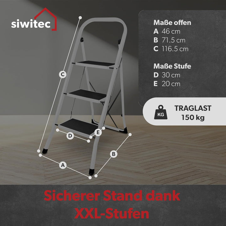 siwitec Klapptritt aus Stahl mit 3 Stufen, anthrazit, kleine Leiter mit Anti-Rutschmatten, 150 kg Tr