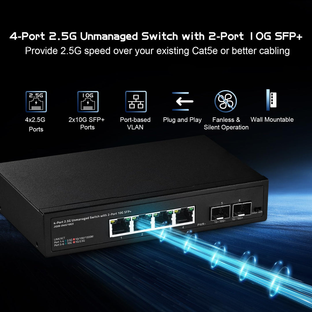 Binardat 4 Port 2,5G Switch mit 2x10G SFP, 4 x 2,5 Gigabit RJ-45 Ethernet Ports, unterstützt Vlan, M