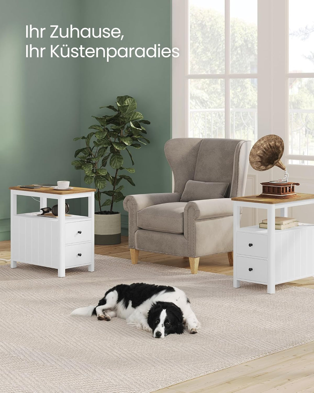 VASAGLE Beistelltisch, 2er Set, schmaler Nachttisch mit Steckdosenleiste, 2 Schubladen, Sofatisch, f