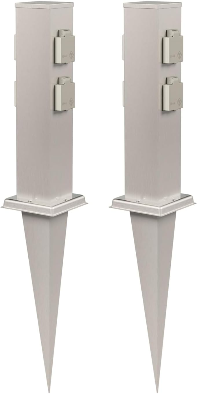 ledscom.de 2X Garten-Steckdosen-Säule Polly mit Erdspiess für aussen, 4-Fach, Edelstahl, eckig, 38cm