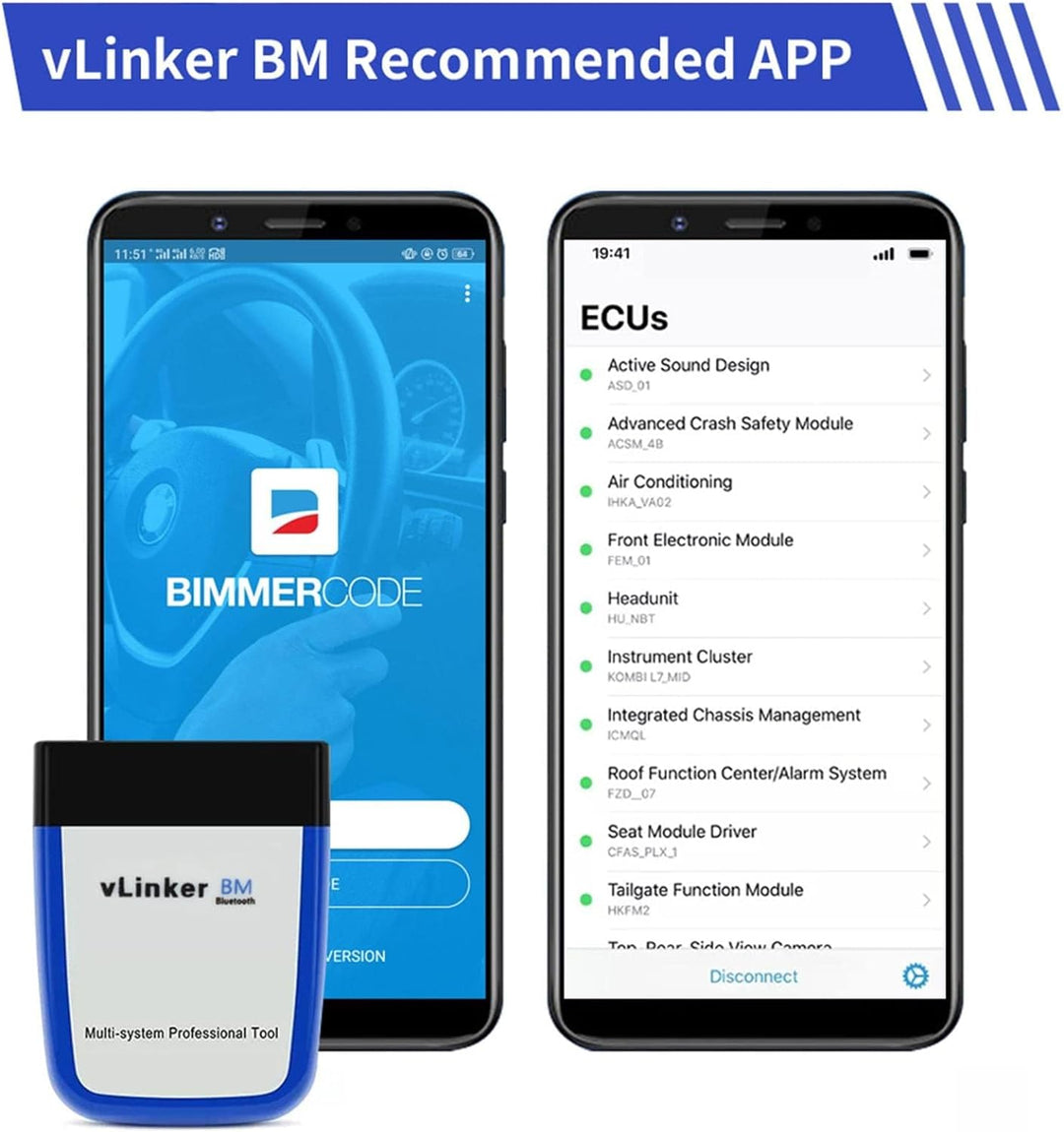vLinker BM OBD2 Bluetooth Codeleser, OBDII Scan Tool für Android & Windows - Gemacht für BimmerCode