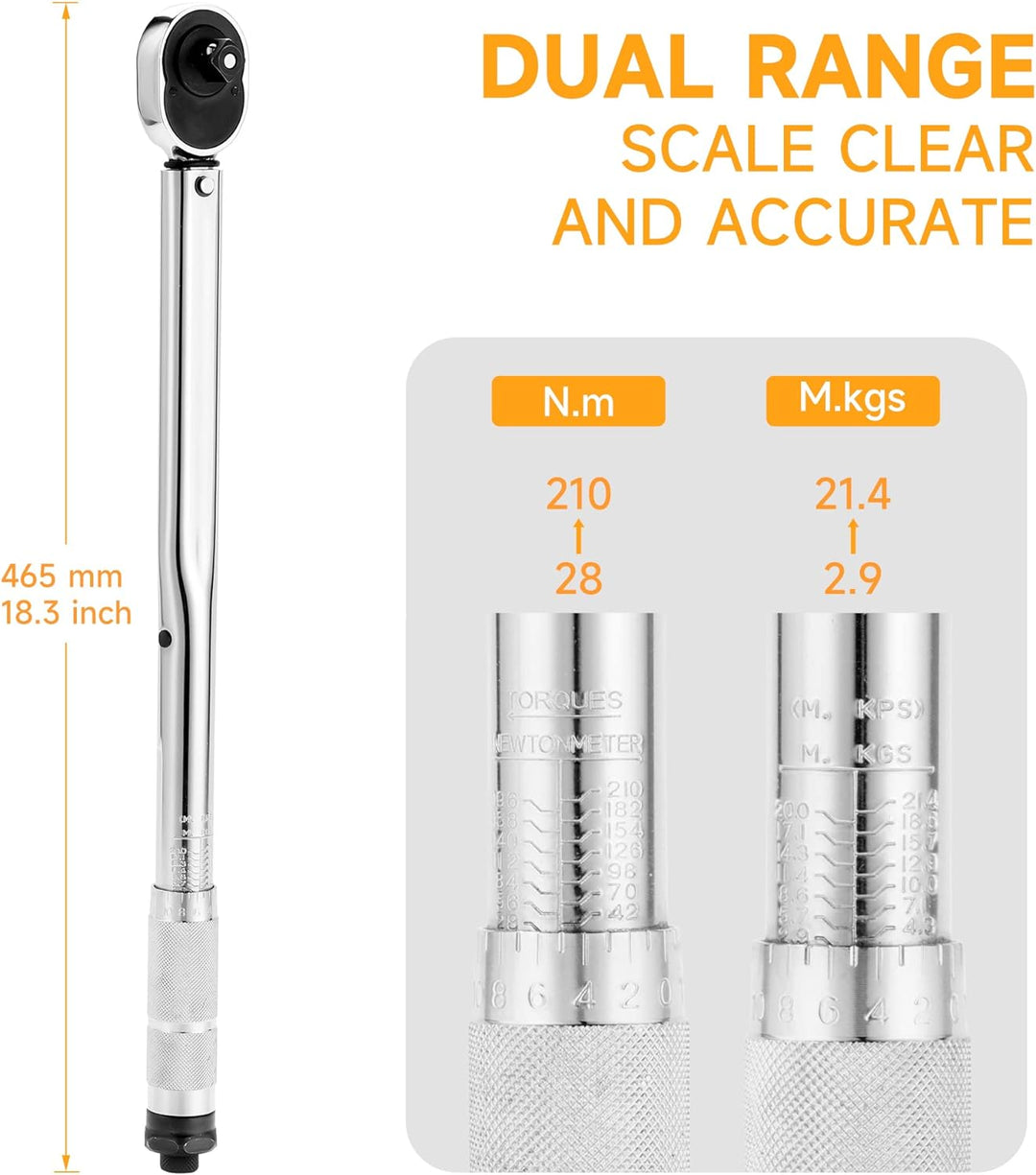 Hoteche Drehmomentschlüssel 1/2 Zoll 28-210Nm mit Hebelumschaltknarre und Stahlrohr für präzises Anz