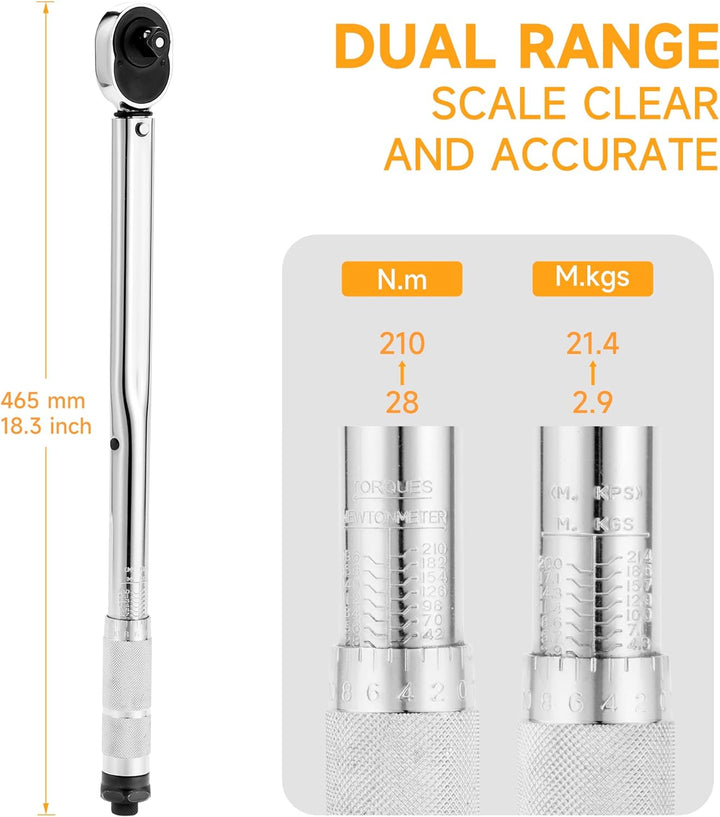 Hoteche Drehmomentschlüssel 1/2 Zoll 28-210Nm mit Hebelumschaltknarre und Stahlrohr für präzises Anz