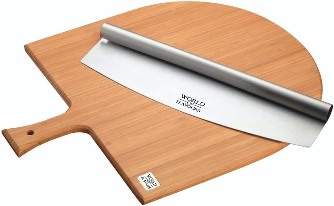 KitchenCraft World of Flavours Pizzabrett aus Holz und Mezzaluna Pizzaschneider Set