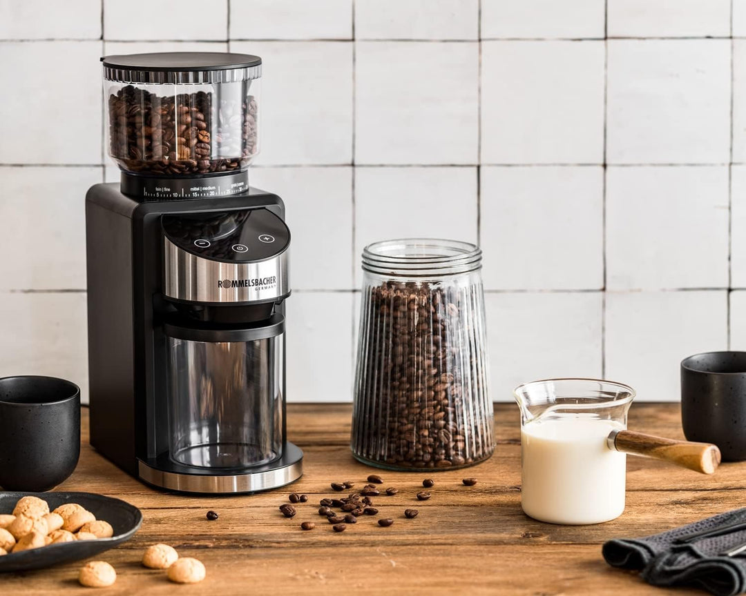 ROMMELSBACHER Kaffeemühle EKM 400 - Kegelmahlwerk, Antistatik-Funktion, 12 Portionen, Halterung für