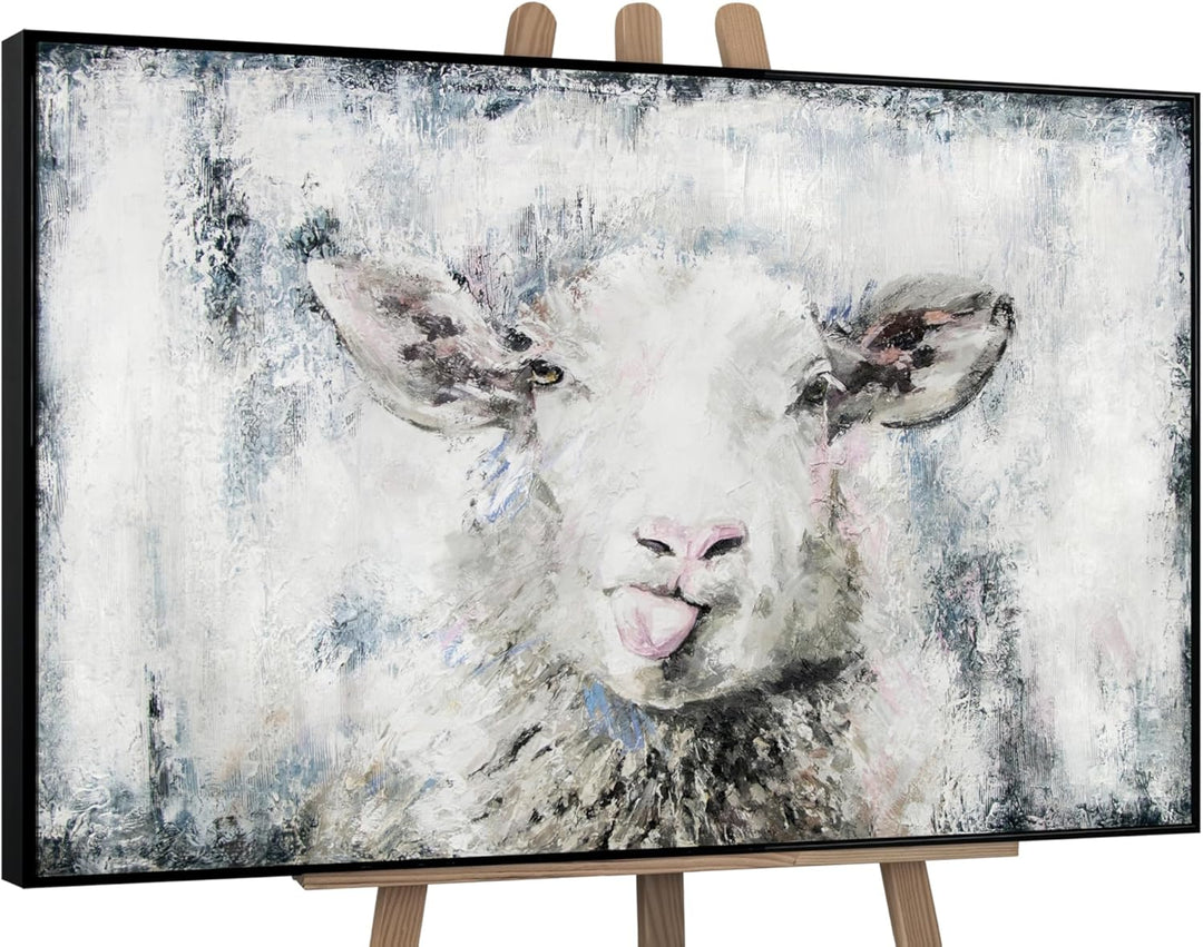 YS-Art XXL Abstrakt Acryl Gemälde auf Leinwand glückliches Schaf handgemalt Wandbilder Wohnzimmer Mo