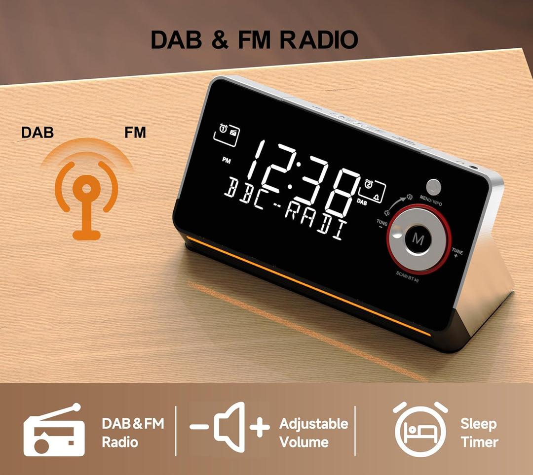 iTOMA FM/DAB Radiowecker mit USB-Ladeanschluss, Bluetooth Stereo Lautsprecher, Kopfhörerbuchse, Dual