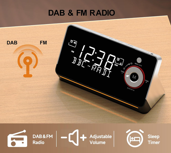 iTOMA FM/DAB Radiowecker mit USB-Ladeanschluss, Bluetooth Stereo Lautsprecher, Kopfhörerbuchse, Dual