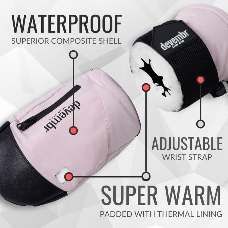 devembr Ski-Fäustlinge mit Handgelenkschützern, Warme Snowboard-Fäustlinge, Wasserdicht (S/M/L) Rosa
