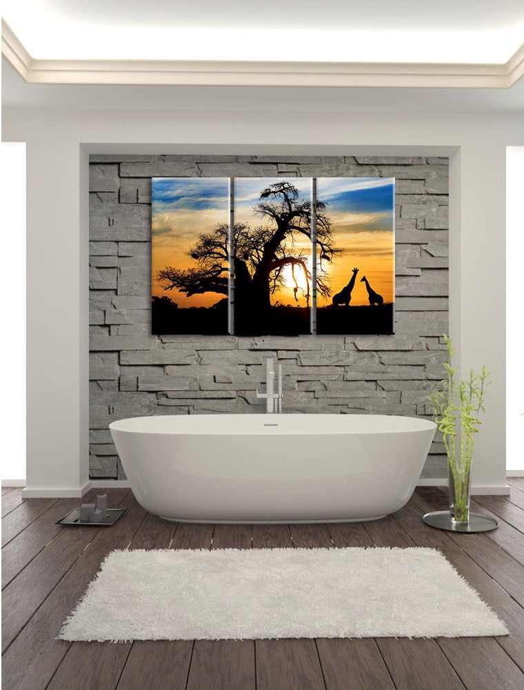 Pixxprint Zwei Giraffen in der Wüste / 3-Teilig/Gesamtmass 120cm Leinwandbild bespannt auf Holzrahme