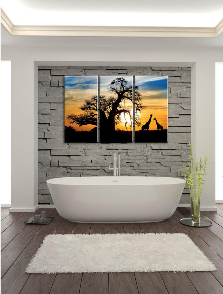 Pixxprint Zwei Giraffen in der Wüste / 3-Teilig/Gesamtmass 120cm Leinwandbild bespannt auf Holzrahme