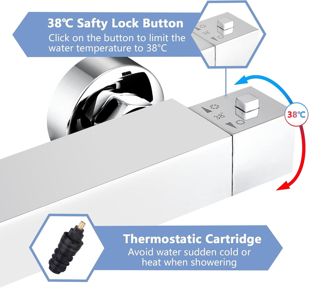 BONADE Duscharmatur mit Thermostat, Aufputz Mischbatterie Dusche mit 38°C Sicherheitstaste, Messing