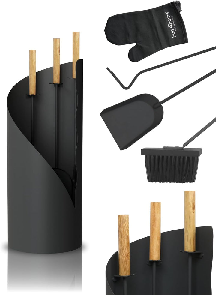 holz4home® Kaminbesteck 5-tlg. Grauschwarz mit Holzgriff inkl. Ofenhandschuh I Kaminset Kamingarnitu