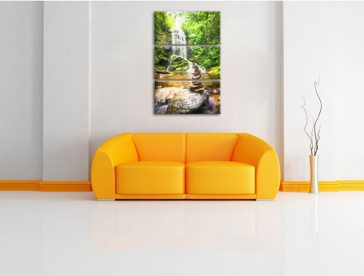 Pixxprint Zen Steine vor Wasserfall Kunst als Leinwandbild/Grösse: 3 Teilig (120x80 cm) cm/Wandbild/