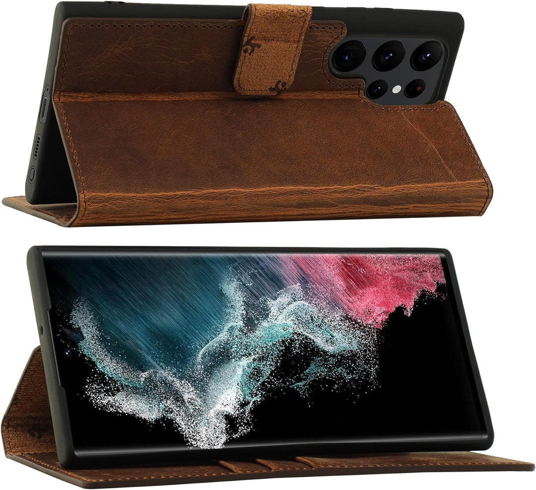 Suncase Book-Style Hülle kompatibel mit Samsung Galaxy S22 Ultra 5G Leder Tasche (Slim-Fit) Lederhül